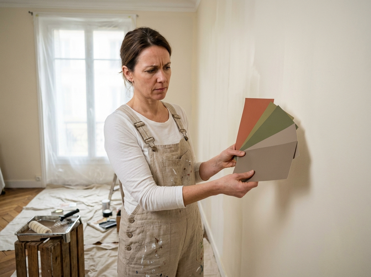 Femme comparant des échantillons de peinture contre un mur de salon en cours de rénovation