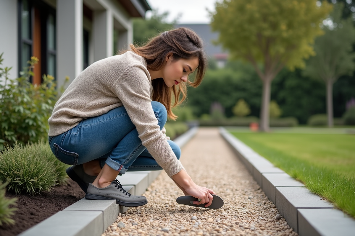 Jeune femme en jeans et pull borde une allée de gravier