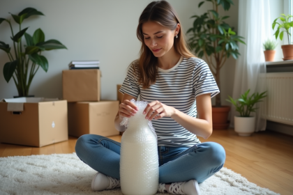 Femme emballant un vase en céramique dans un appartement cosy