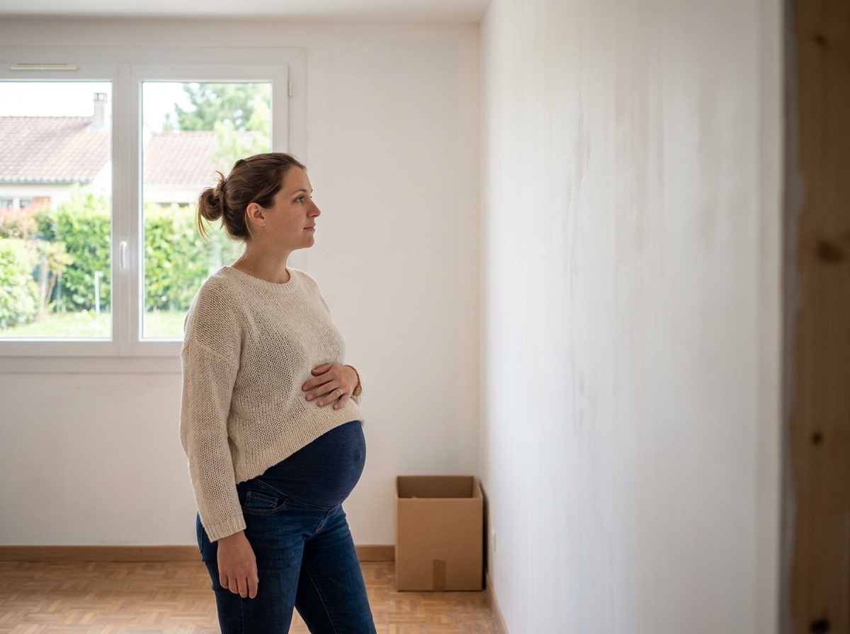 Femme enceinte dans l'extension nouvellement construite de sa maison près de Saint-Nazaire anticipant l'arrivée de son bébé