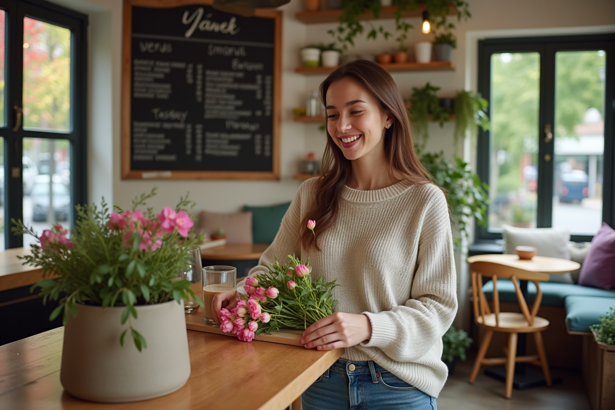 Jeune femme arrangeant des fleurs dans un café chaleureux