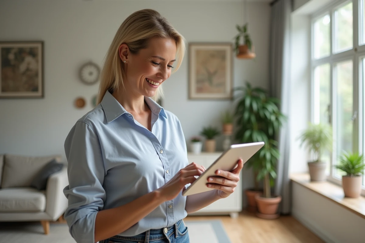Femme souriante utilisant une tablette dans un salon moderne