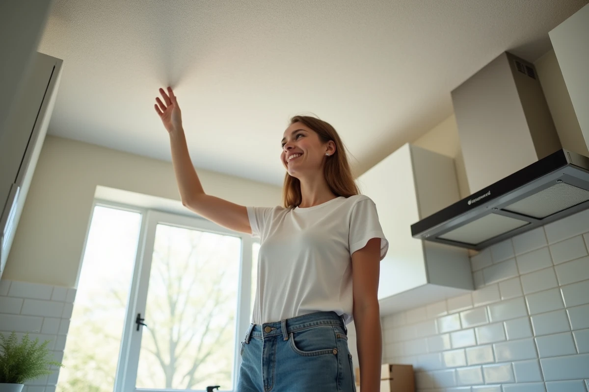 Jeune femme inspectant le plafond en fibreglmesh