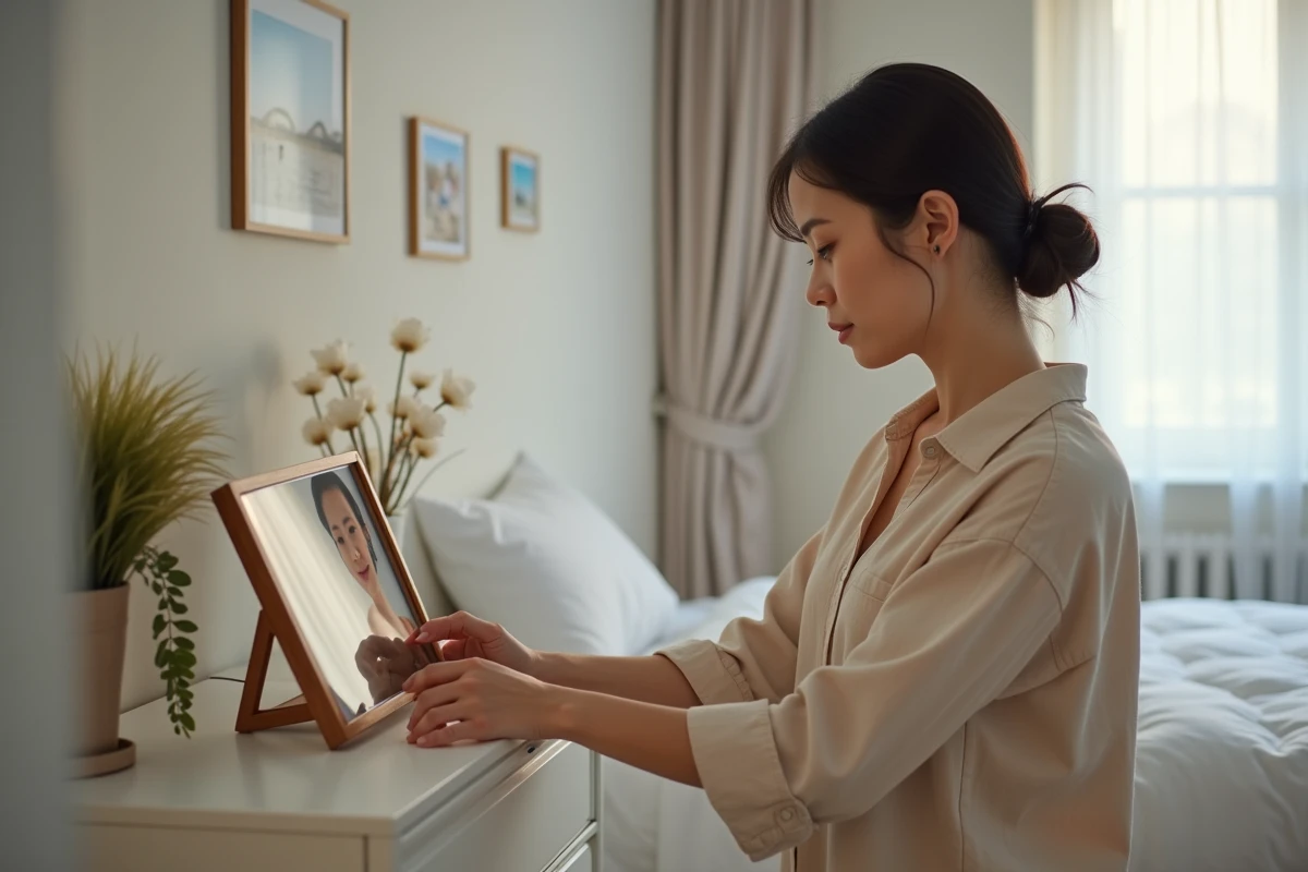Femme plaçant un cadre photo numérique sur une commode dans une chambre de location saisonnière