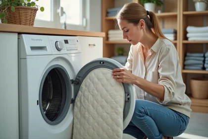 Femme en homewear posant une housse de clic clac dans la machine à laver