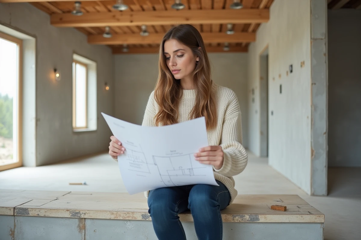 Jeune femme examine un plan dans une maison neuve