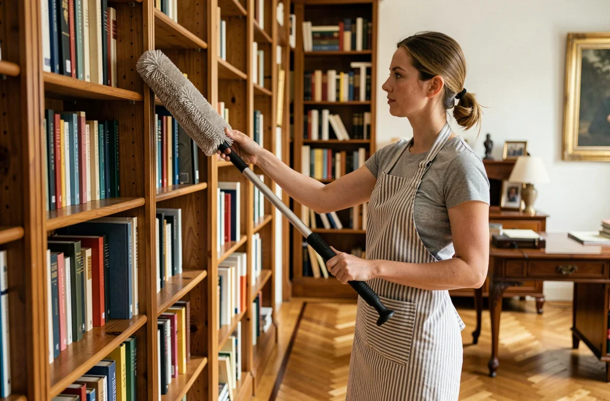Femme de ménage dépoussiérant des étagères dans une bibliothèque à Lorient