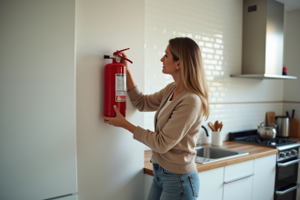 Femme d'âge moyen installant un extincteur rouge dans la cuisine