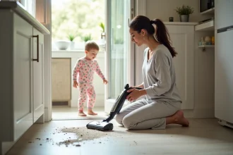 Femme utilisant un nettoyeur vapeur dans une cuisine lumineuse