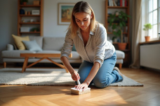 Femme en jeans nettoyant les joints du parquet