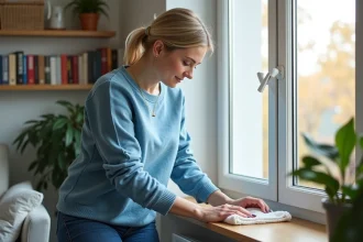 Femme nettoyant un rebord de fenêtre PVC en bois look