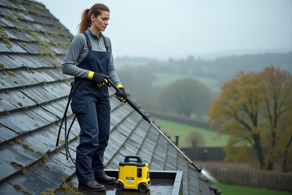 Femme utilisant un karcher avec perche télescopique pour nettoyer une toiture en ardoise dans un cadre rural