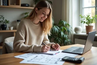 Jeune femme concentrée avec plans et ordinateur dans un salon moderne