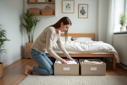 Femme pliant des vêtements dans une chambre ordonnee