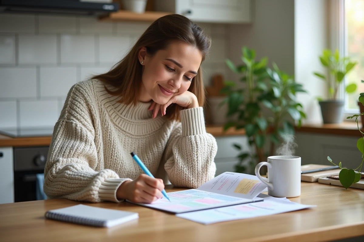 Femme organisée remplissant son planner hebdomadaire à la maison