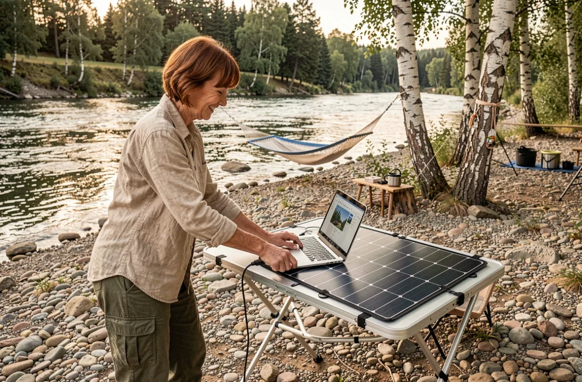 Femme utilisant un panneau solaire pliable 400W pour recharger un ordinateur portable dans un camping au bord de la rivière