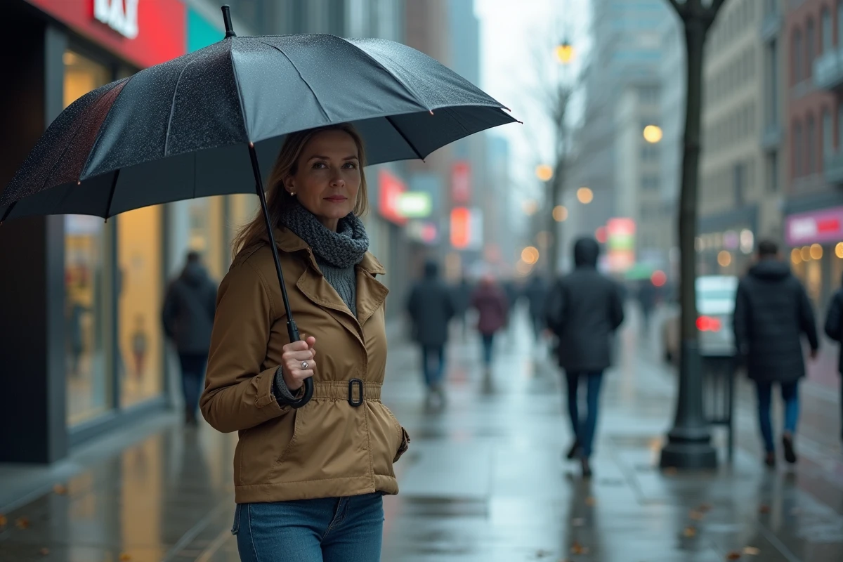 Femme en imperméable et jean avec parapluie dans la ville