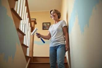 Femme peignant un escalier en bois dans un couloir lumineux