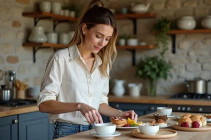 Femme arrangeant un petit déjeuner avec faience Quimper dans la cuisine