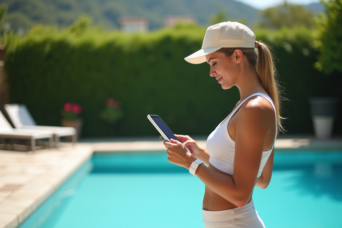 Femme avec chapeau vérifiant la piscine avec une tablette