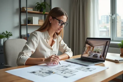 Femme architecte d'intérieur étudiant un plan 3D de maison sur ordinateur et papier dans un bureau moderne