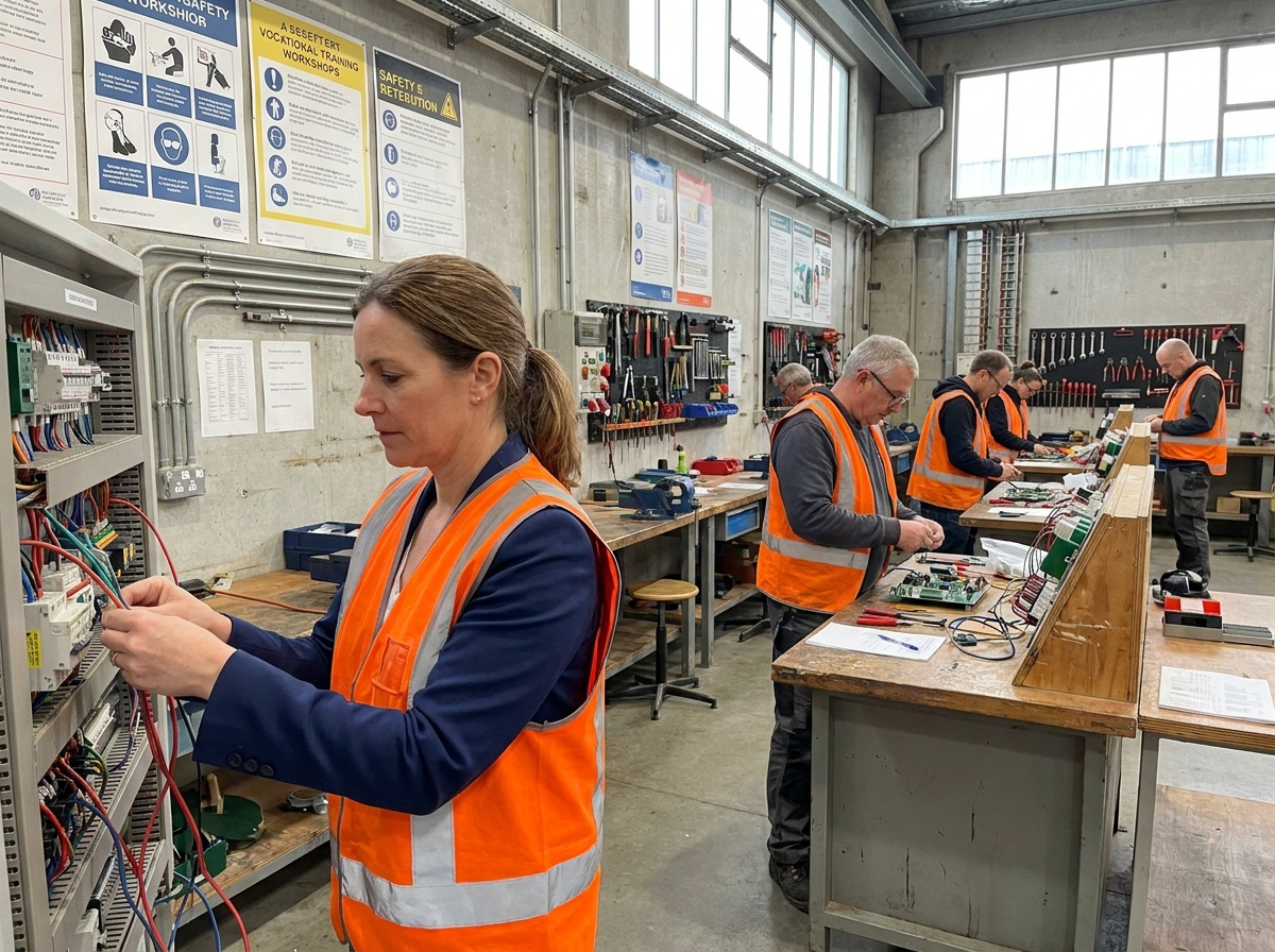 Femme en reconversion professionnelle suivant une formation pratique d'électricien dans un atelier de formation pour adultes le week-end