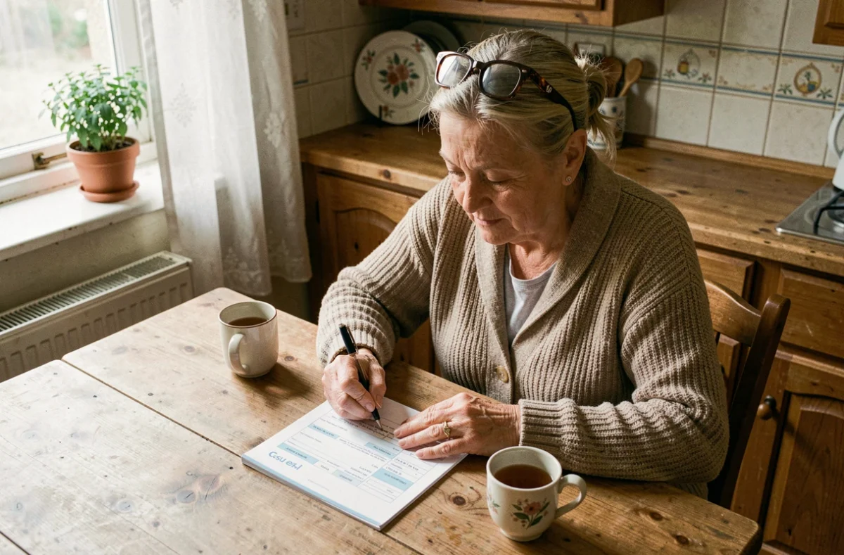 Femme senior remplissant un carnet de chèques Cesu à la table de sa cuisine pour payer une aide ménagère