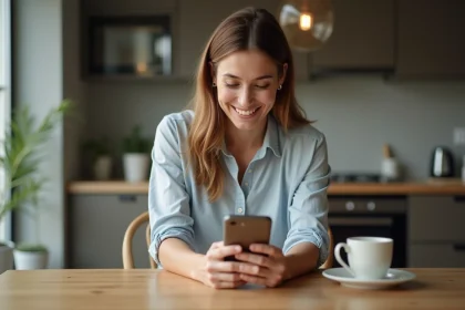 Femme souriante utilisant un smartphone pour consulter des statistiques de ventes