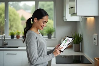 Femme consultant une tablette sur l'efficacité énergétique dans une cuisine moderne équipée d'un thermostat intelligent