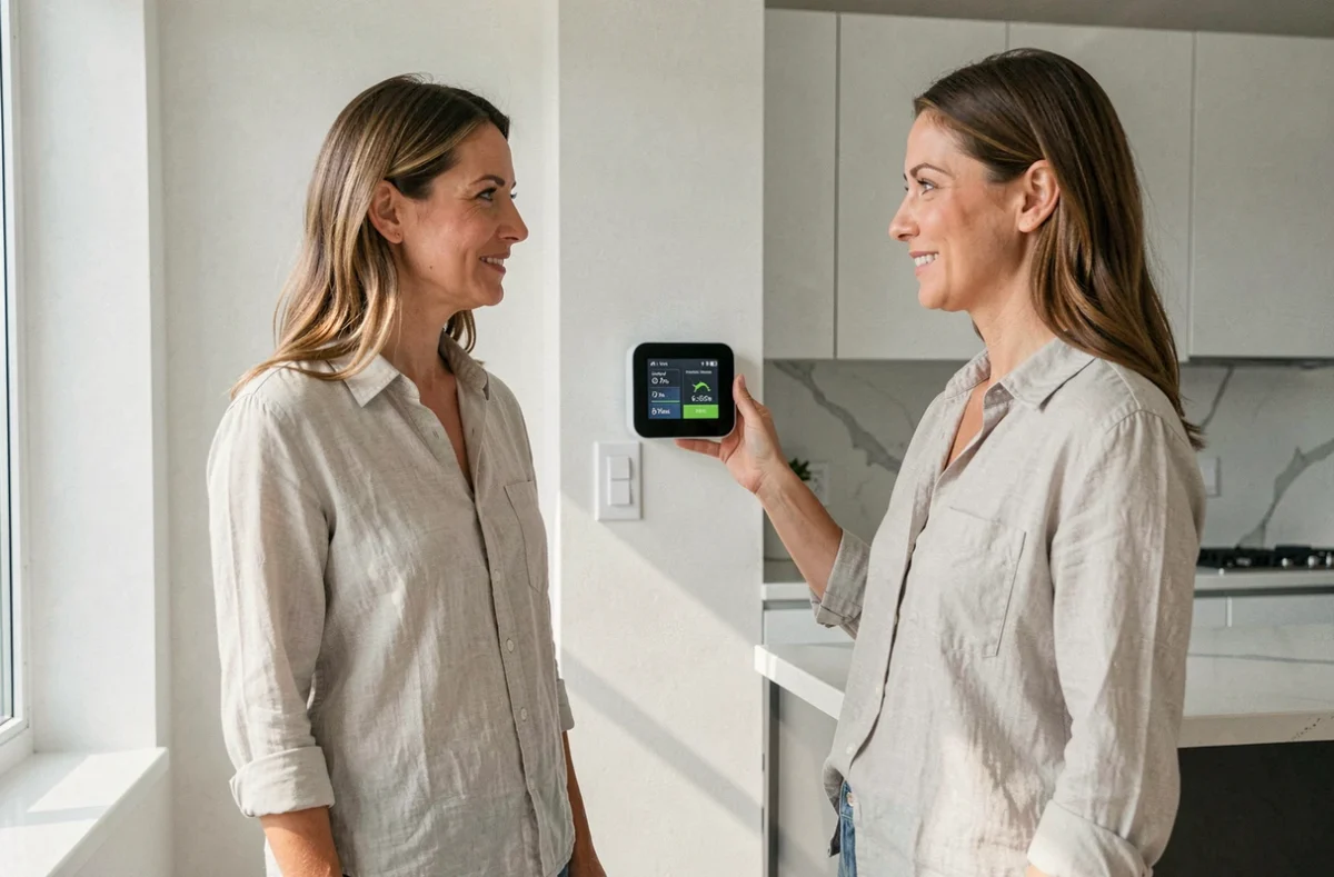 Femme consultant un thermostat connecté affichant les économies d'énergie d'une pompe à chaleur solaire dans une cuisine moderne