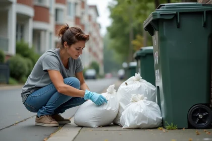 Femme triant des sacs poubelles avec larves blanches dans la rue
