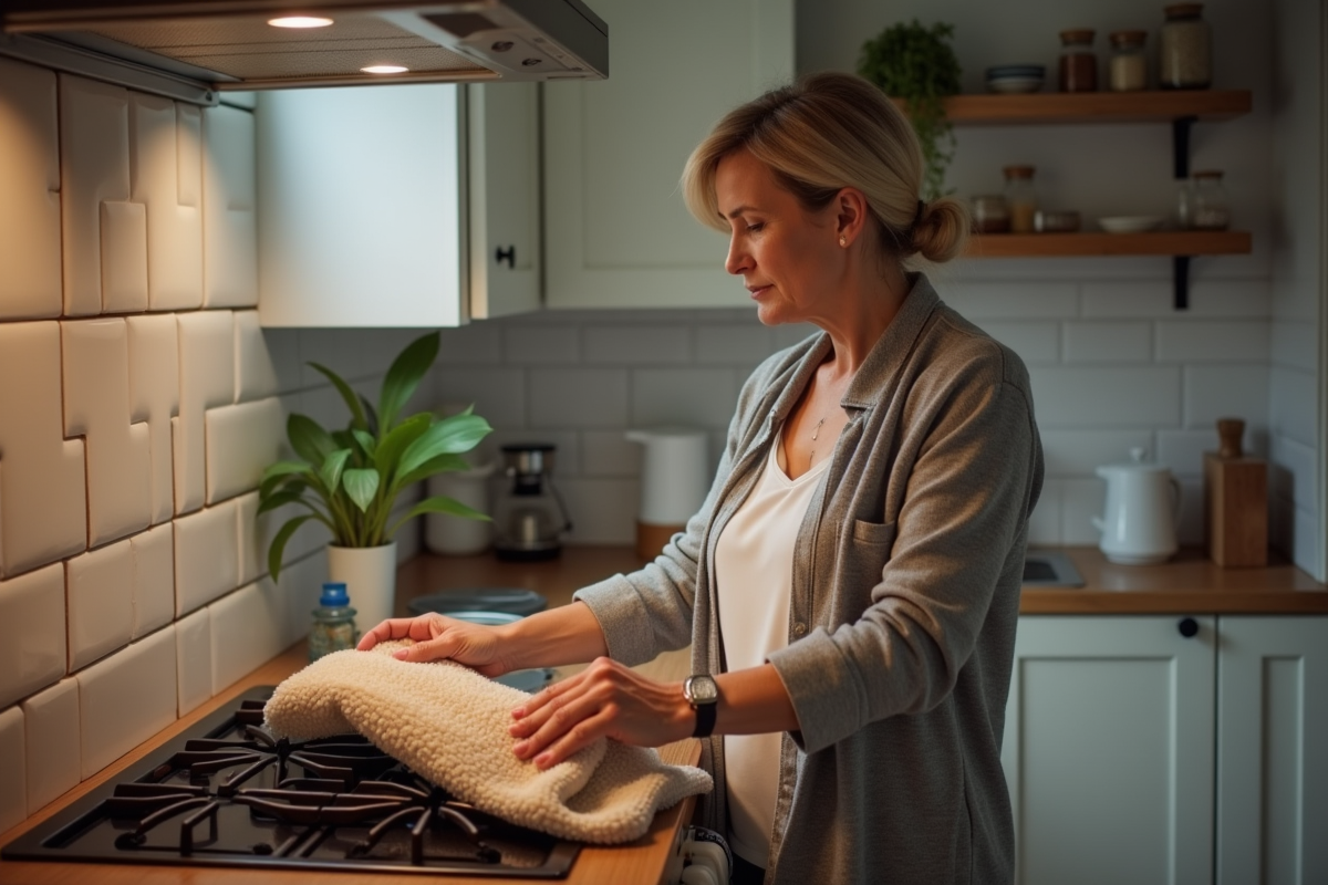 Femme d'âge moyen déployant une couverture anti-feu dans la cuisine