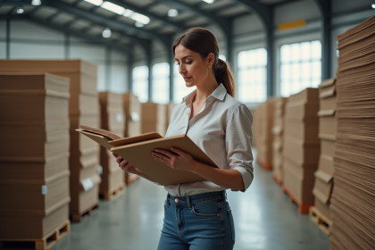 Femme examinant du carton dans un entrepôt moderne