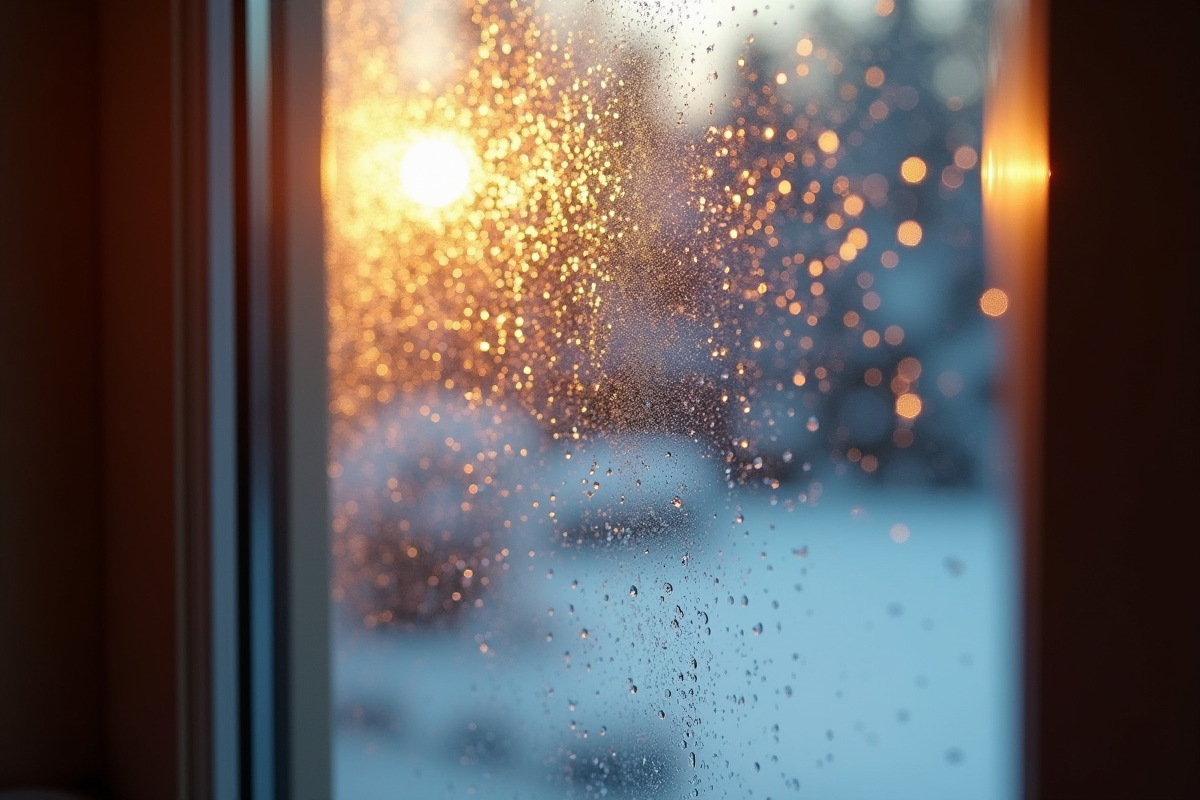 Fenêtre à double vitrage avec condensation et vue sur jardin enneige