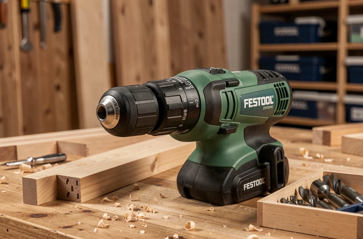 Visseuse Festool haut de gamme avec mandrin Centrotec posée sur établi d'ébéniste entouré de bois travaillé et d'accessoires de précision