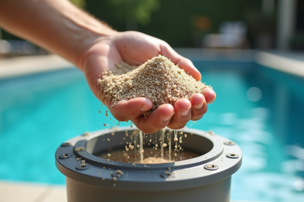 Main tenant du sable de filtre sale au-dessus d