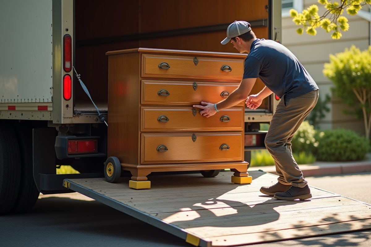 Déménageur sécurisant une commode vintage près d