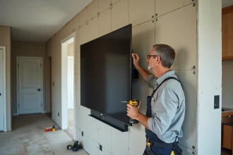 Technicien fixant une grande TV sur une cloison en placo dans un salon en rénovation