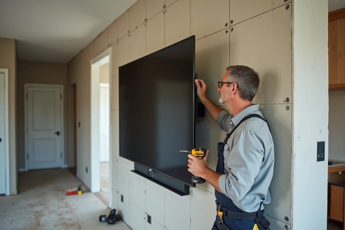 Technicien fixant une grande TV sur une cloison en placo dans un salon en rénovation