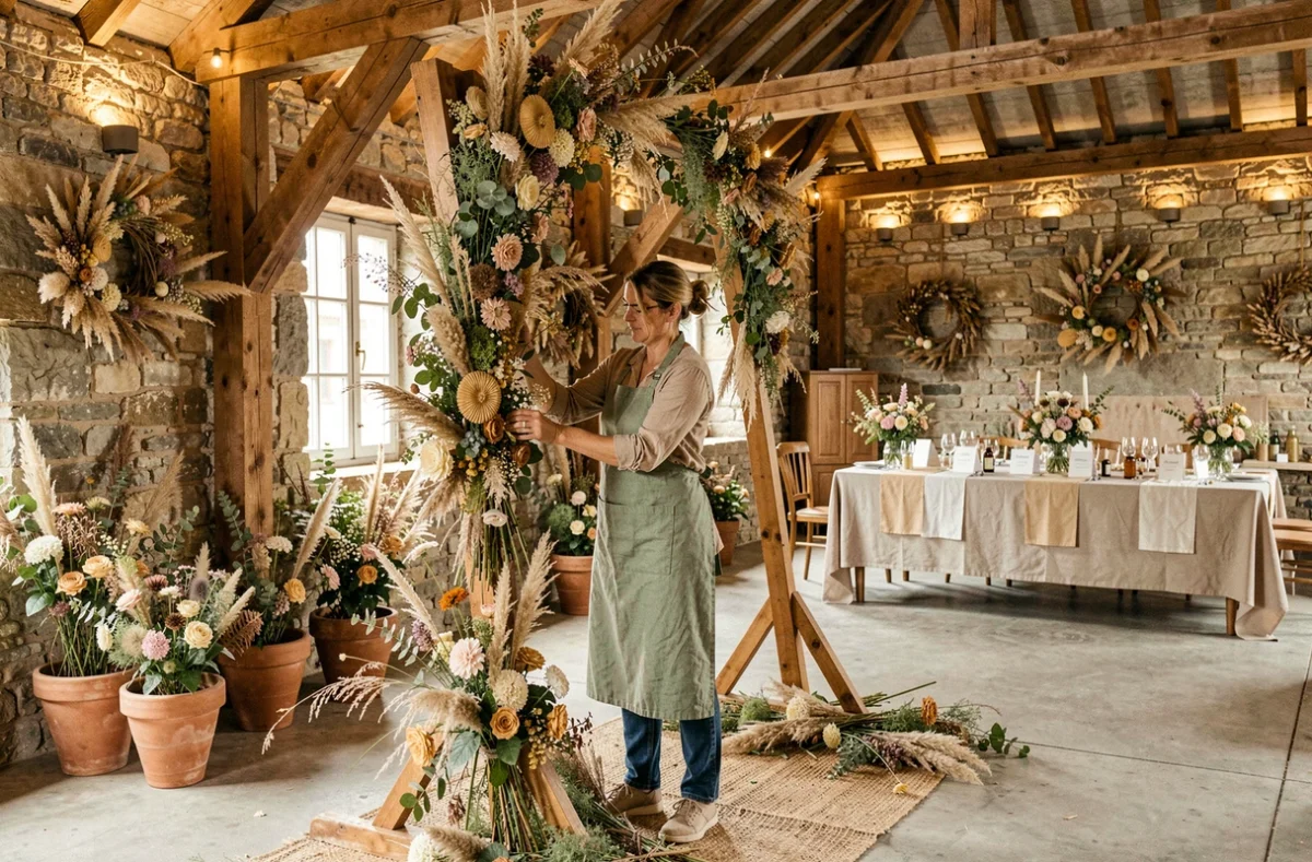 Fleuriste Flowers du Puy-de-Dôme installant une décoration florale en fleurs sauvages dans une grange auvergnate restaurée