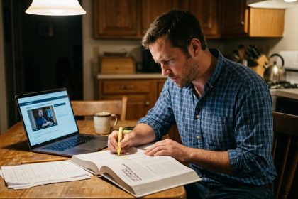 Homme adulte qui étudie un cours d'électricité en ligne depuis chez lui après sa journée de travail, reconversion professionnelle en électricien