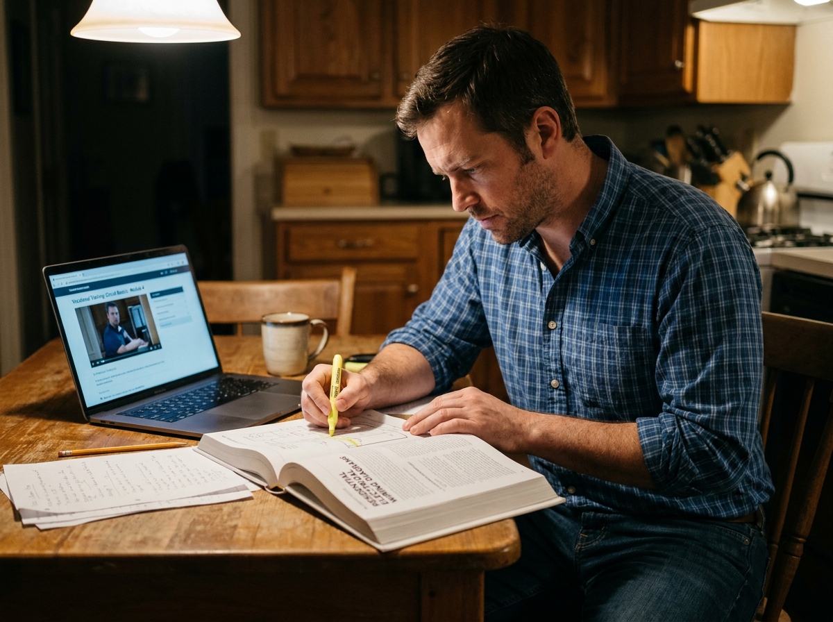 Homme adulte qui étudie un cours d'électricité en ligne depuis chez lui après sa journée de travail, reconversion professionnelle en électricien