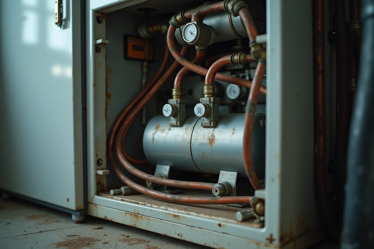 Gros plan sur les tuyaux en cuivre et le compresseur d'un réfrigérateur ancien montrant des signes de fuite de gaz frigorigène