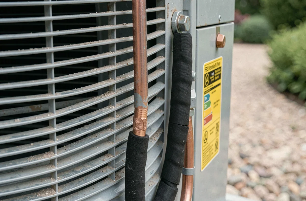 Gros plan sur le ventilateur et les tuyaux d'une unité extérieure de pompe à chaleur avec étiquette énergétique