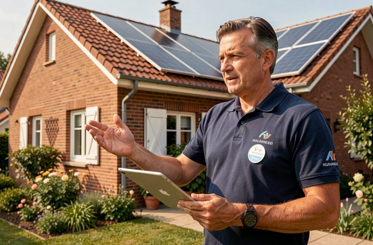 Consultant du Groupe Effy devant une installation de panneaux solaires sur une maison toulousaine en briques rouges