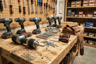 Atelier de bricolage avec plusieurs visseuses sans fil posées sur un établi en bois entouré d'accessoires et de rangements d'outils