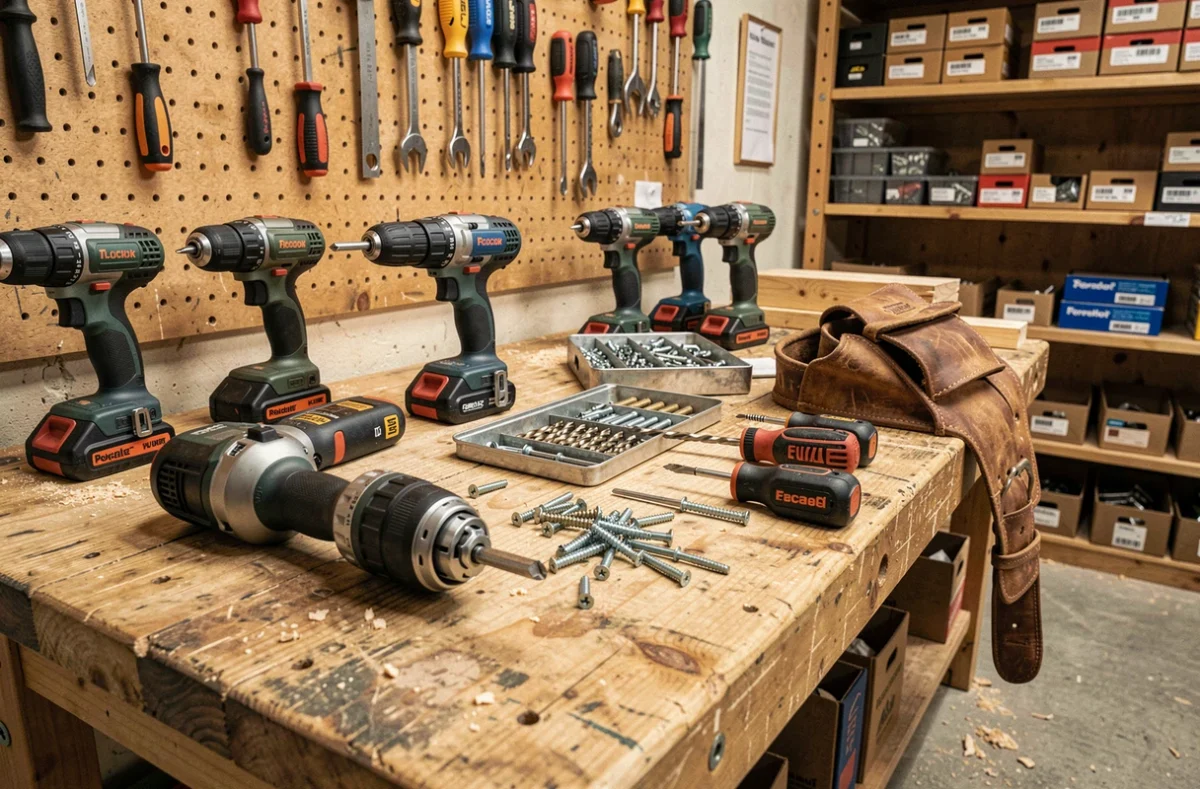Atelier de bricolage avec plusieurs visseuses sans fil posées sur un établi en bois entouré d'accessoires et de rangements d'outils