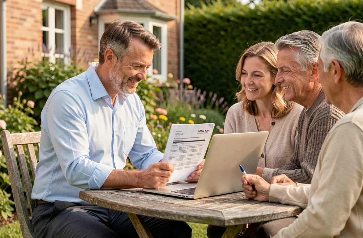 Conseiller Hello Watt discutant d'un devis d'installation solaire avec un couple de propriétaires dans un jardin de Haute-Garonne