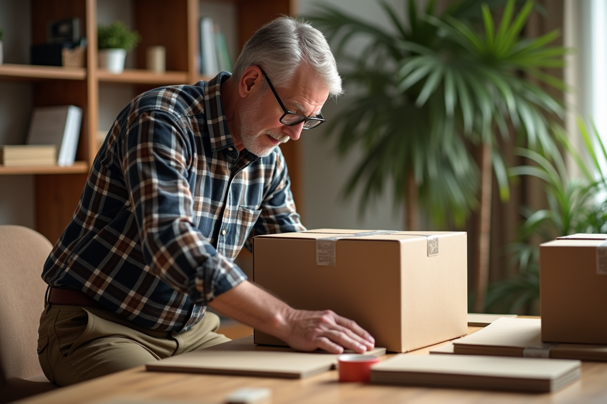 Homme assemblant une box en carton dans un bureau chaleureux