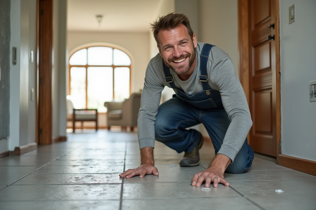Homme en tenue de travail posant des carreaux dans un couloir en rénovation